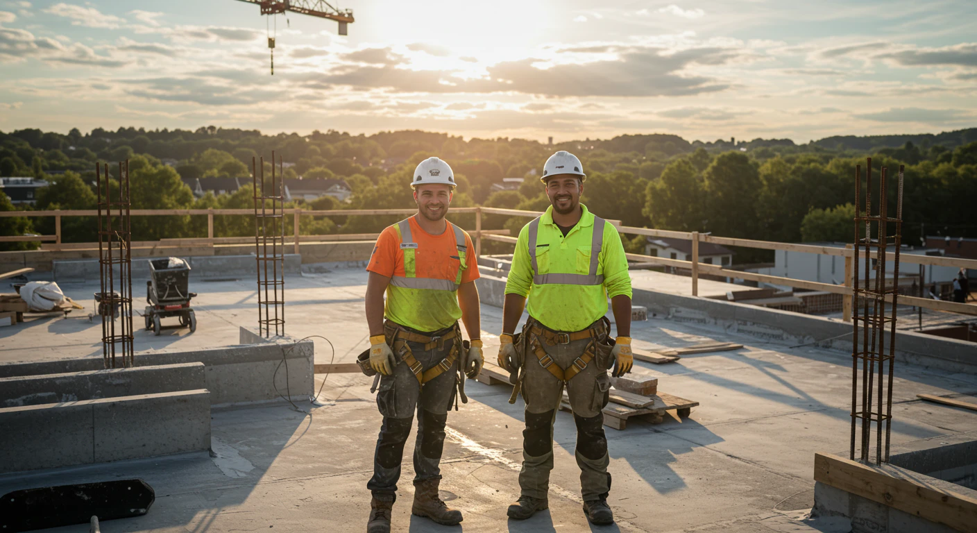 Two blue-collar workers in work uniforms standing together at a construction site