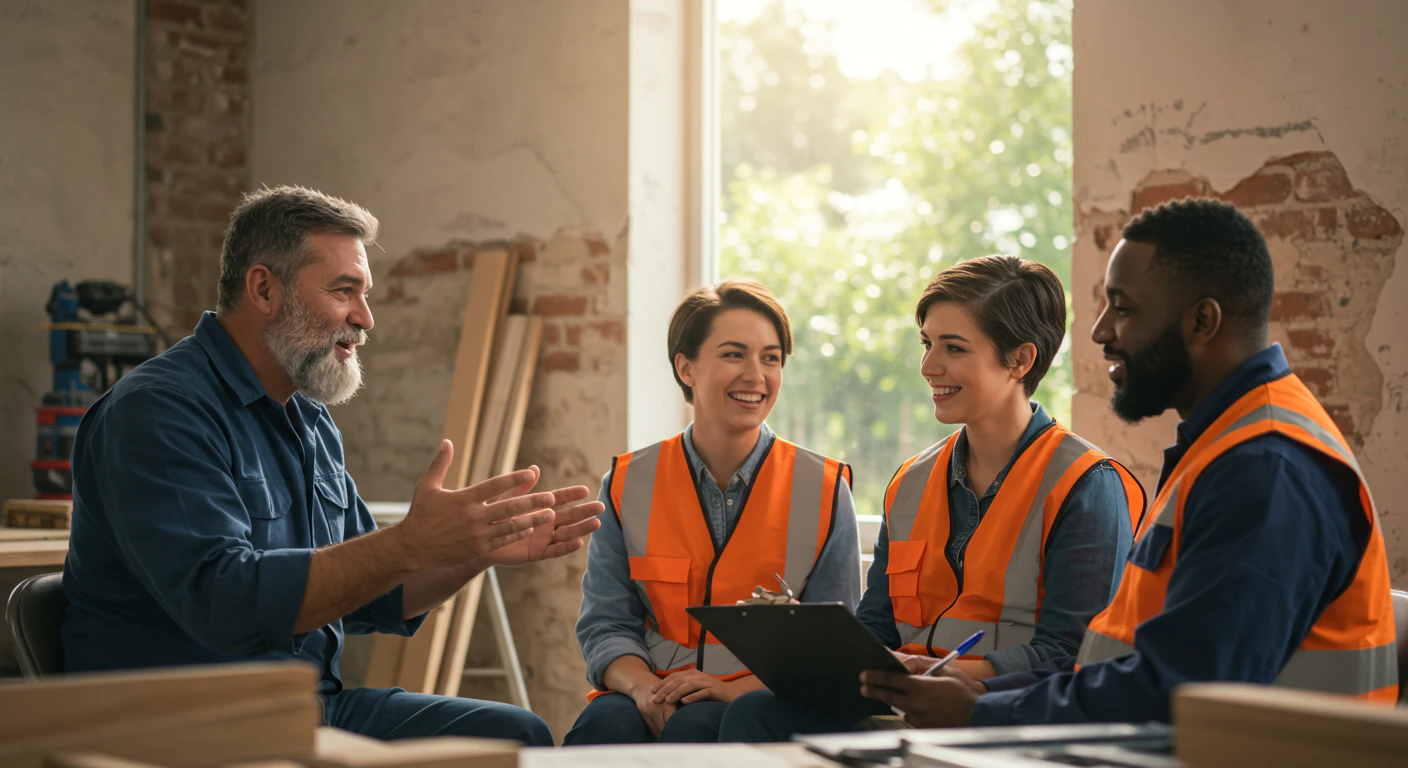 Modern office space with warm neutral tones, natural materials, and abundant natural light