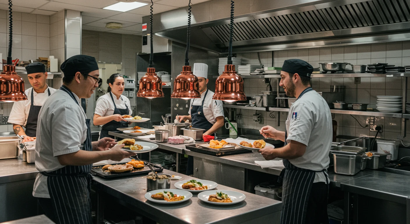 Restaurant staff prepping food together in a kitchen