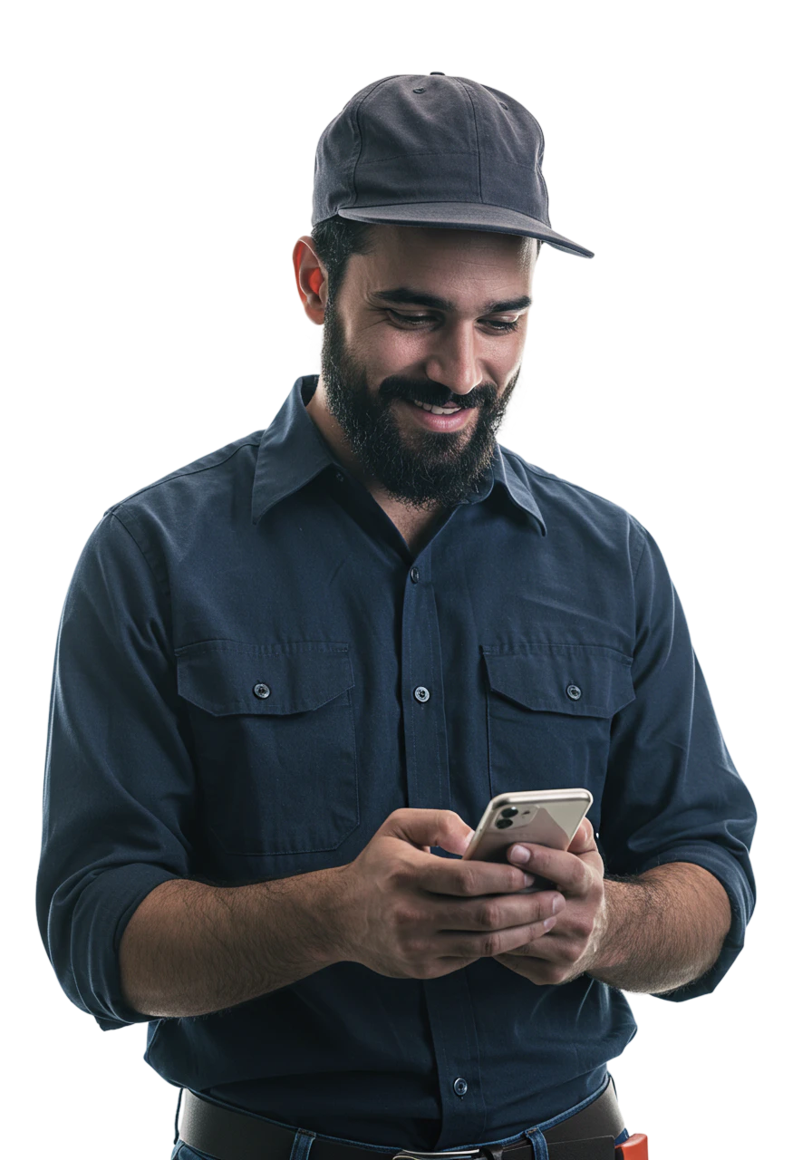Construction worker using a smartphone on a white background