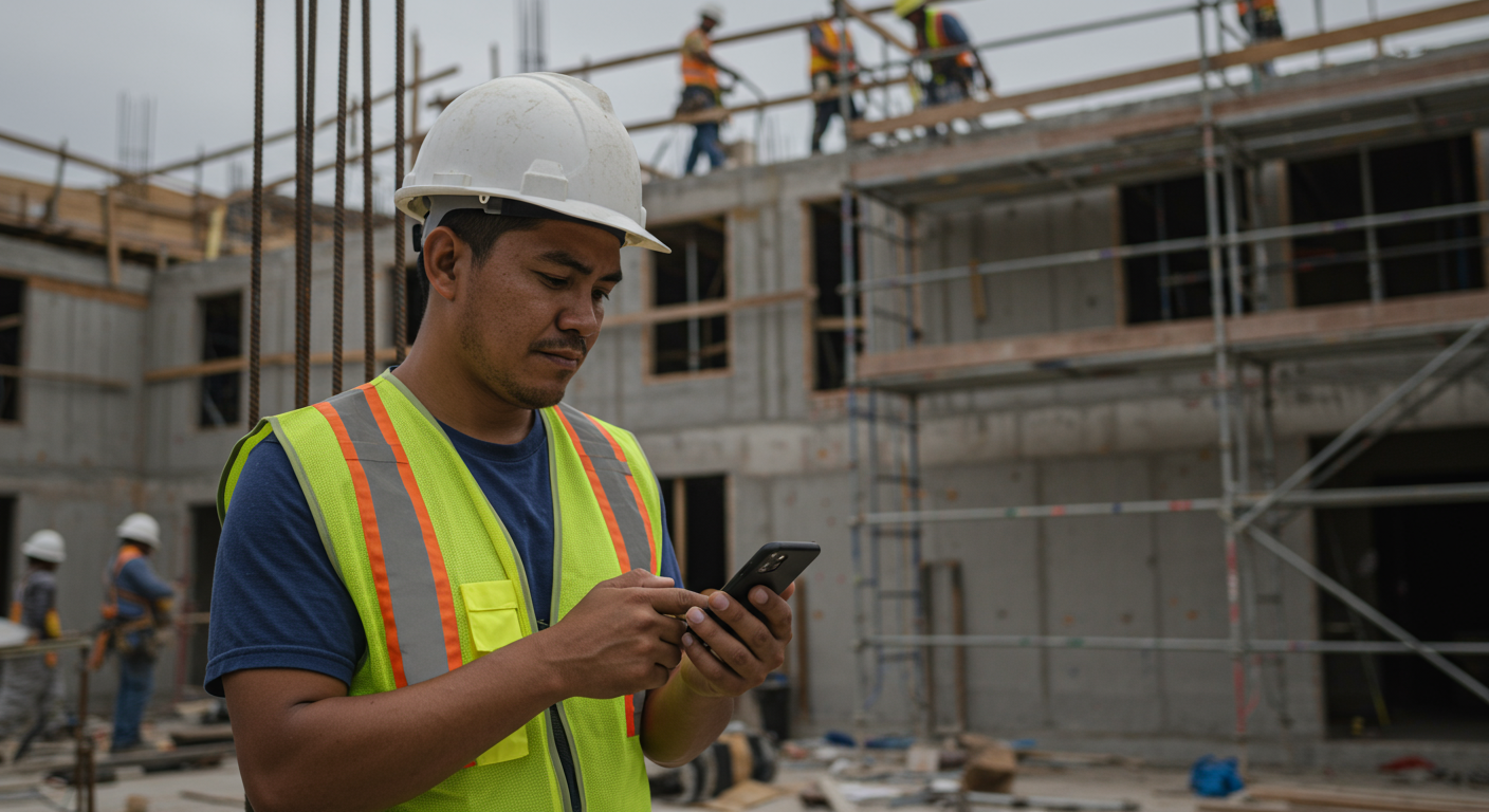 Construction worker using TANDA mobile app on jobsite