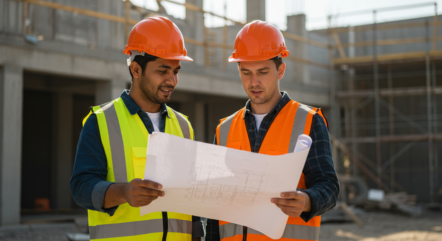 Two construction workers discussing project plans outside a construction site